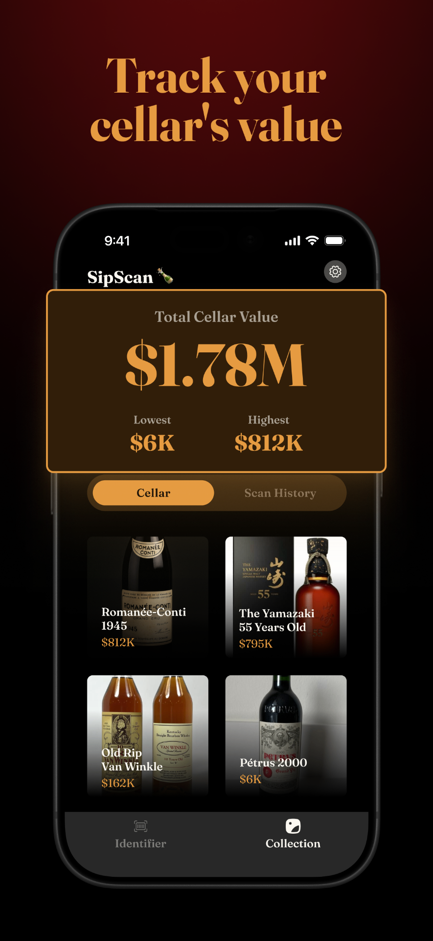 SipScan cellar dashboard showing total collection value